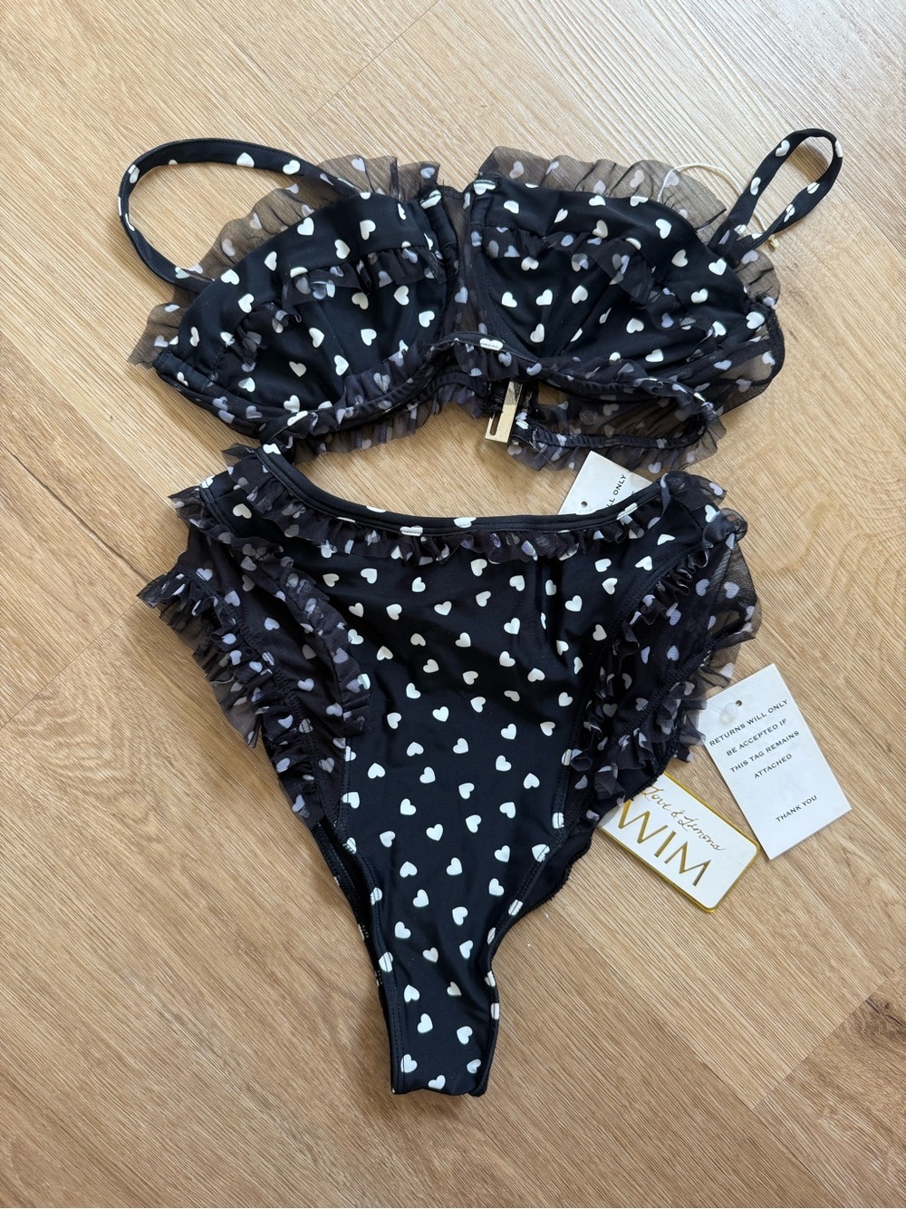 For Love & Lemons Black Heart Print Ruffle Bikini
